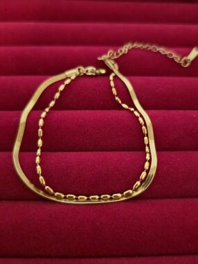 18K Gold Plated Double-Chain Women's Bracelet Herringbone & Oval Bead - B05